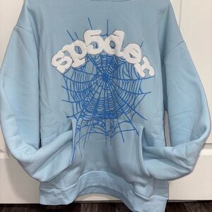 Powder Blue Crewneck Sweater with Graphic Spider Web